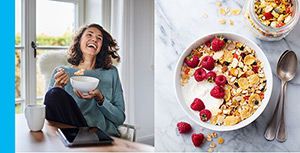 Laughing woman eating cerea and bowl close-up