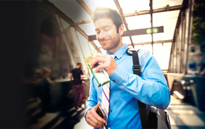 Man with healthy protein bar on the go