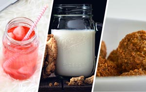 Sweetened drink, glass of plant-hybrid milk and meat tot snack